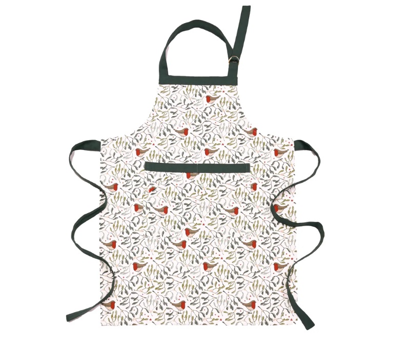 Robin and mistletoe apron laid out flat