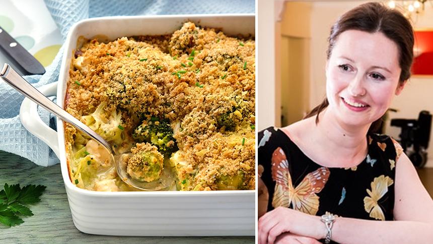 A vegan gratin, left, and a picture of V for Life CEO Amanda Woodvine, right