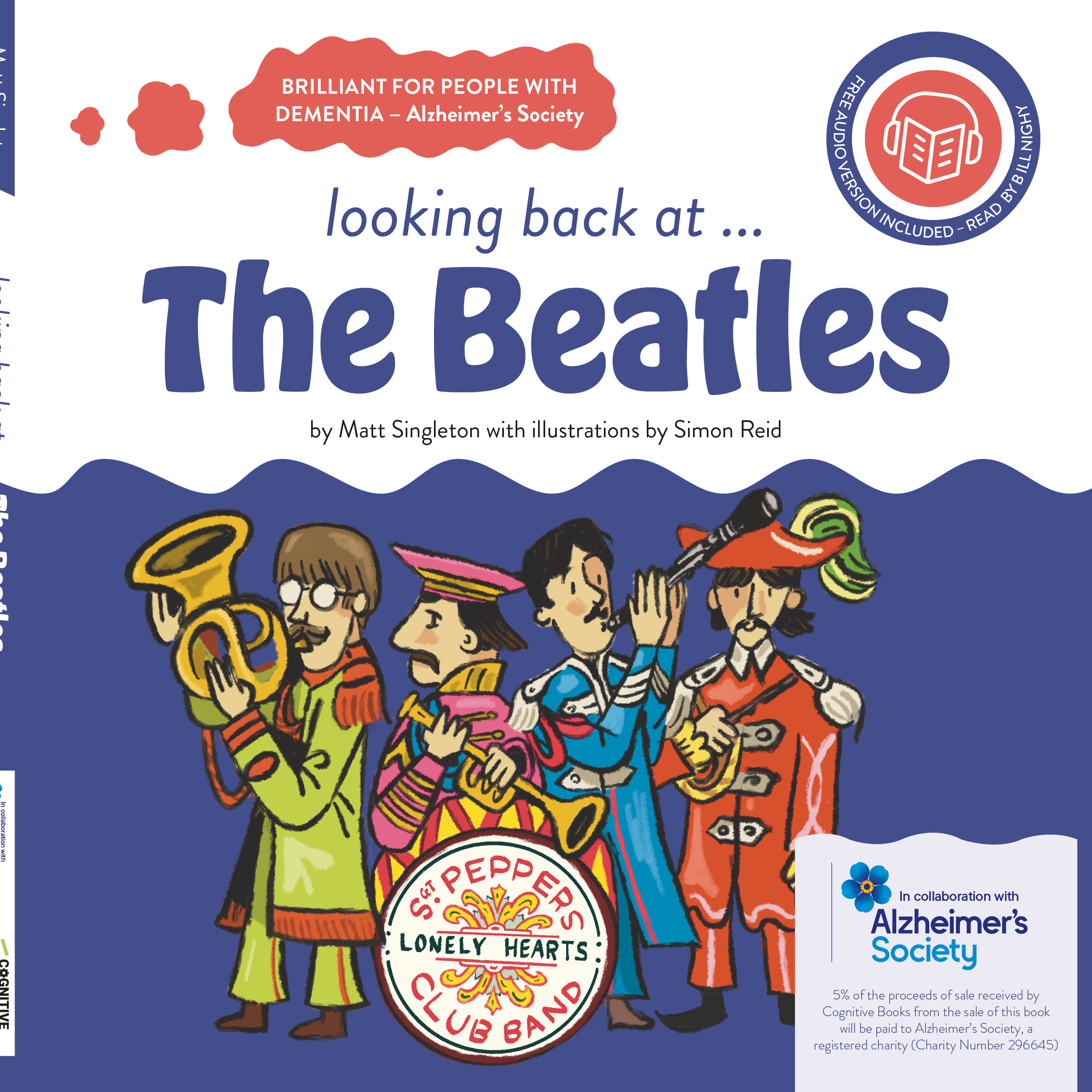 Illustration of the Beatles in Sgt Pepper uniform below text saying Looking back at The Beatles