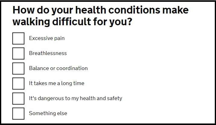 Walking difficulties from the gov.uk blue badge online application form