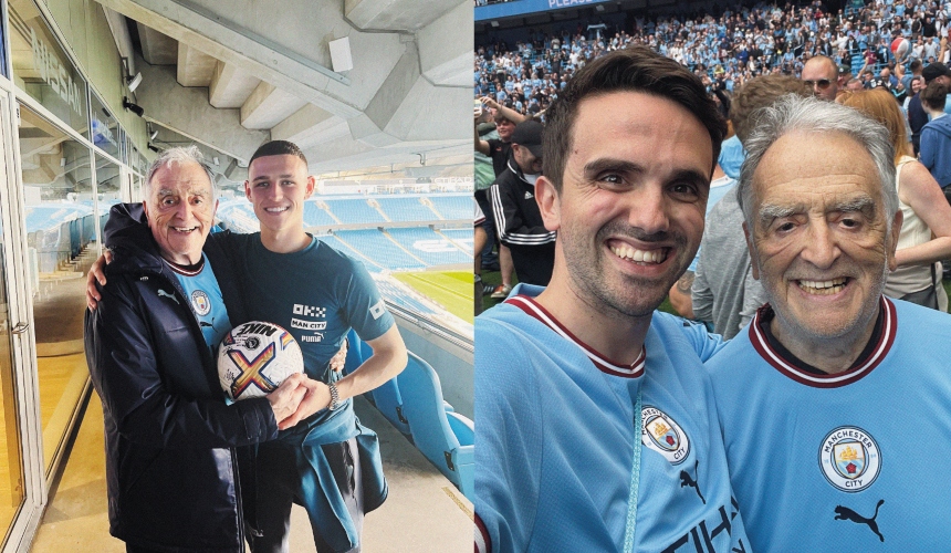 Charlie and his grandad with Manchester City footballer Phil Foden