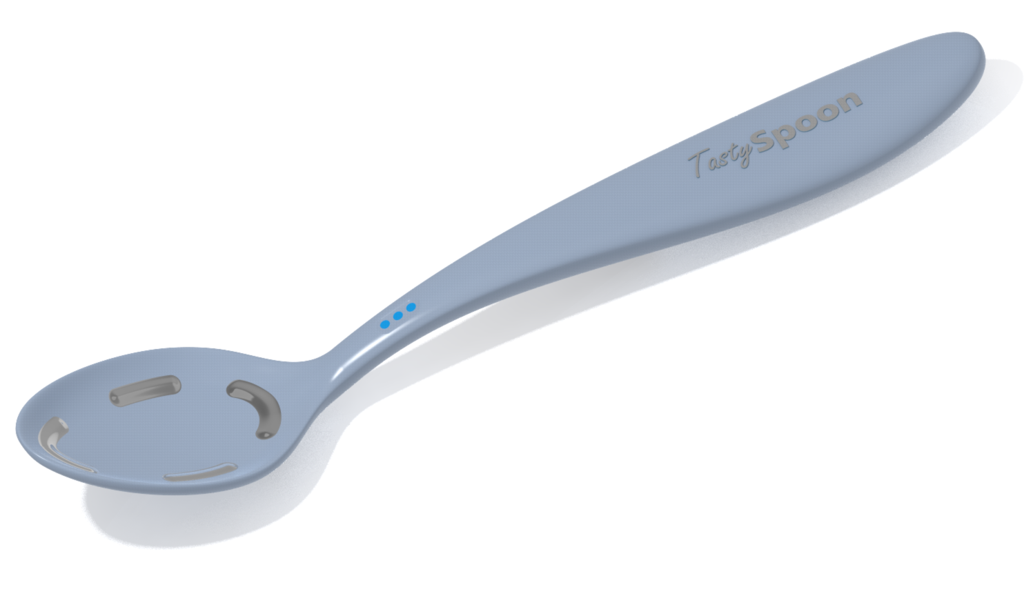 Computer-generated image of the prototype Tasty Spoon; a grey plastic spoon with visible sensory pads on the bowl of the spoon. 
