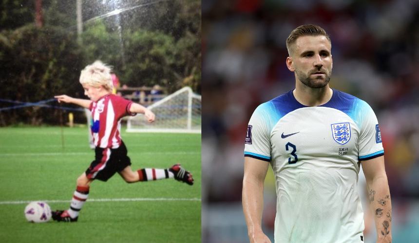 Two side by side photographs of Manchester United player Luke Shaw