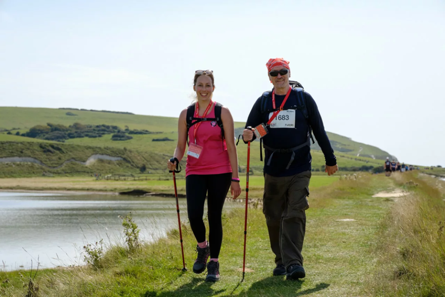 Walkers in front of Lake