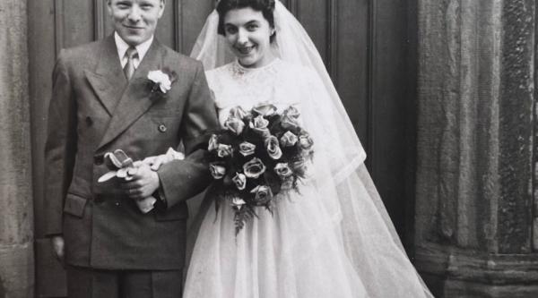 A black and white photo of Barbara and Peter at their wedding