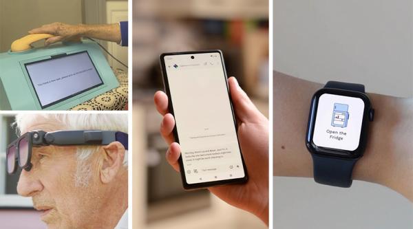 Four of the innovations: man wearing black glasses frames, a screen with a fitted telephone handset, phone screen featuring interactive chat and a smartwatch