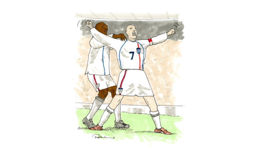 A cartoon illustration of David Beckham celebrating after scoring a free kick against Greece for World Cup qualification in 2001, drawn by Tony Husband
