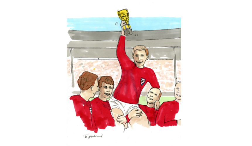 A cartoon illustration of the England football team lifting the world cup in 1966, drawn by Tony Husband