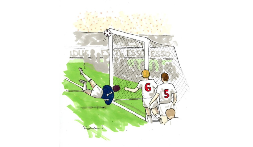 A cartoon illustration of Gordon Banks saving Pele's goal in the 1970 World Cup, drawn by Tony Husband