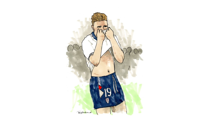 A cartoon illustration of Paul Gascoigne crying at the 1990 World Cup semi-final, drawn by Tony Husband