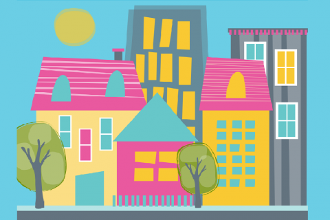 Brightly coloured animated houses in a row with trees