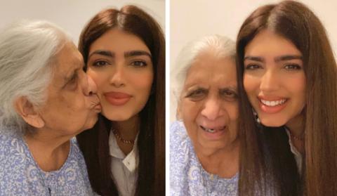 Two pictures of Sharda next to her granddaughter Shree, one where she is kissing Shree's cheek and another where they're smiling together