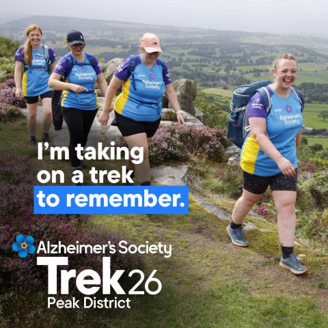 A group of trekkers trekking through the Peak District with the text 'I'm taking on a trek to remember'