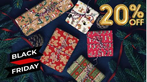 Black Friday 20% message with wrapped Christmas presents